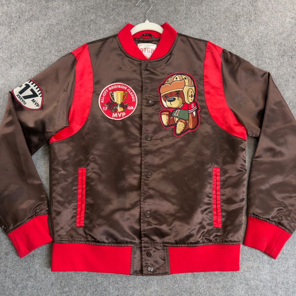 RTGB Varsity Bomber Jacket Brown Red Satin Football Bear MVP Patch Mens Large